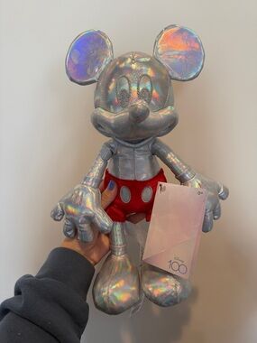 NWT Disney 100 Iridescent Silver Mickey Mouse Plush with Red Shorts